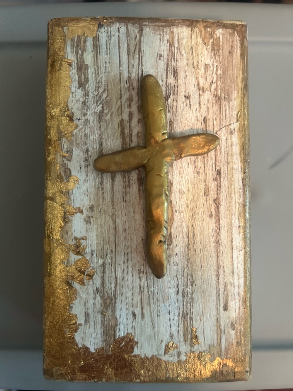 Gold Accent Distressed Wooden Block with Cross and Gold Leaf Detail